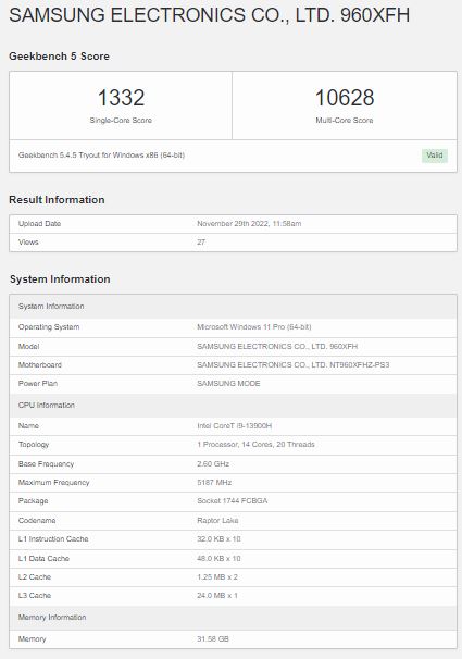 英特尔酷睿i9-13900H在Geekbench 5测试中表现一般